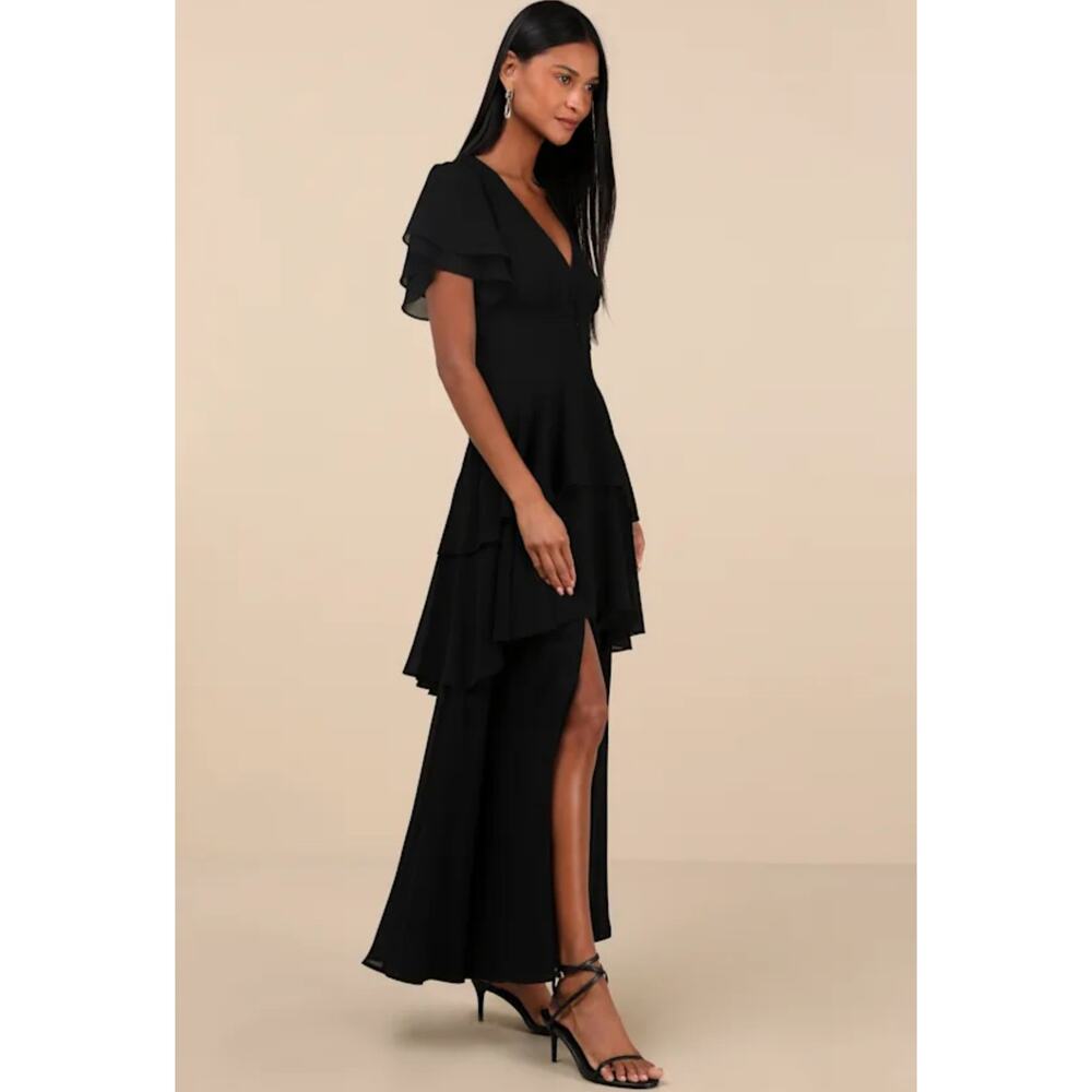 Lulus Midnight Mood Black Tiered Open Back Slit Chiffon A Line Maxi Dress Medium - Picture 4 of 12